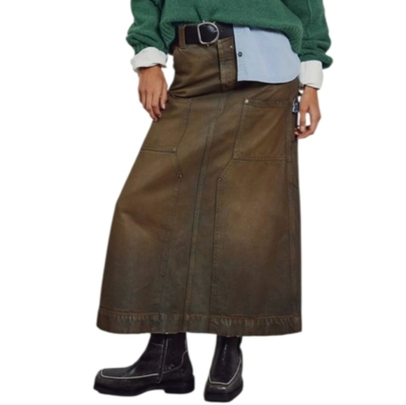 FREE PEOPLE Harmonica Coated Denim Maxi Skirt Green Cotton Utility Women's Sz 26 - Picture 1 of 11